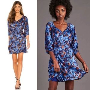TANYA TAYLOR Silk Floral Plaid Burnout Print Puff
Sleeves Ruffled V-Neck Dress 6